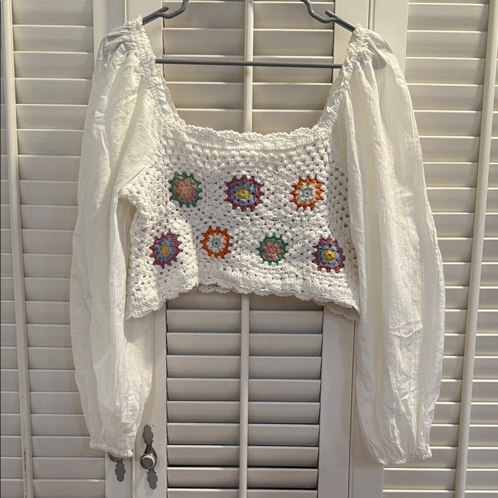 Aerie Crochet Floral Blouse - White and Multicolor